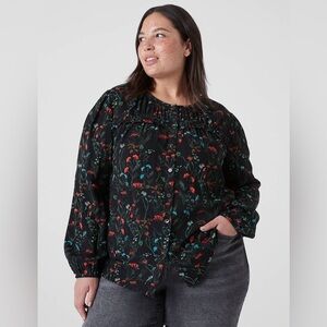Lane Bryant Black Floral Long Sleeve Flounce Button Down Blouse 28